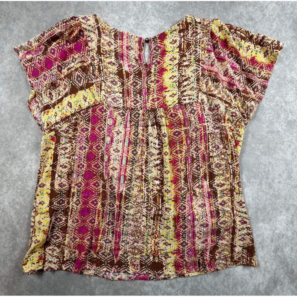 Savanna Jane Womens 1X Rayon Blouse Brown Geometric Embroidered Boho Peasant - Picture 2 of 8